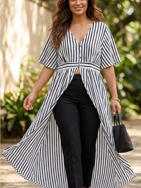 Ashley Stewart Black & White Vertical Stripe Button Duster